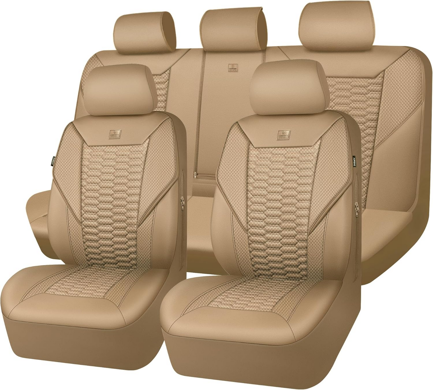 CAR PASS 3D Foam Mesh Leather Car Seat Covers Full Set, Tan Breathable Mesh Faux Leather Seat Covers for Car, Universal Fit for SUV Truck Sedan Automotive, Armrest Airbag Compatible, All Beige