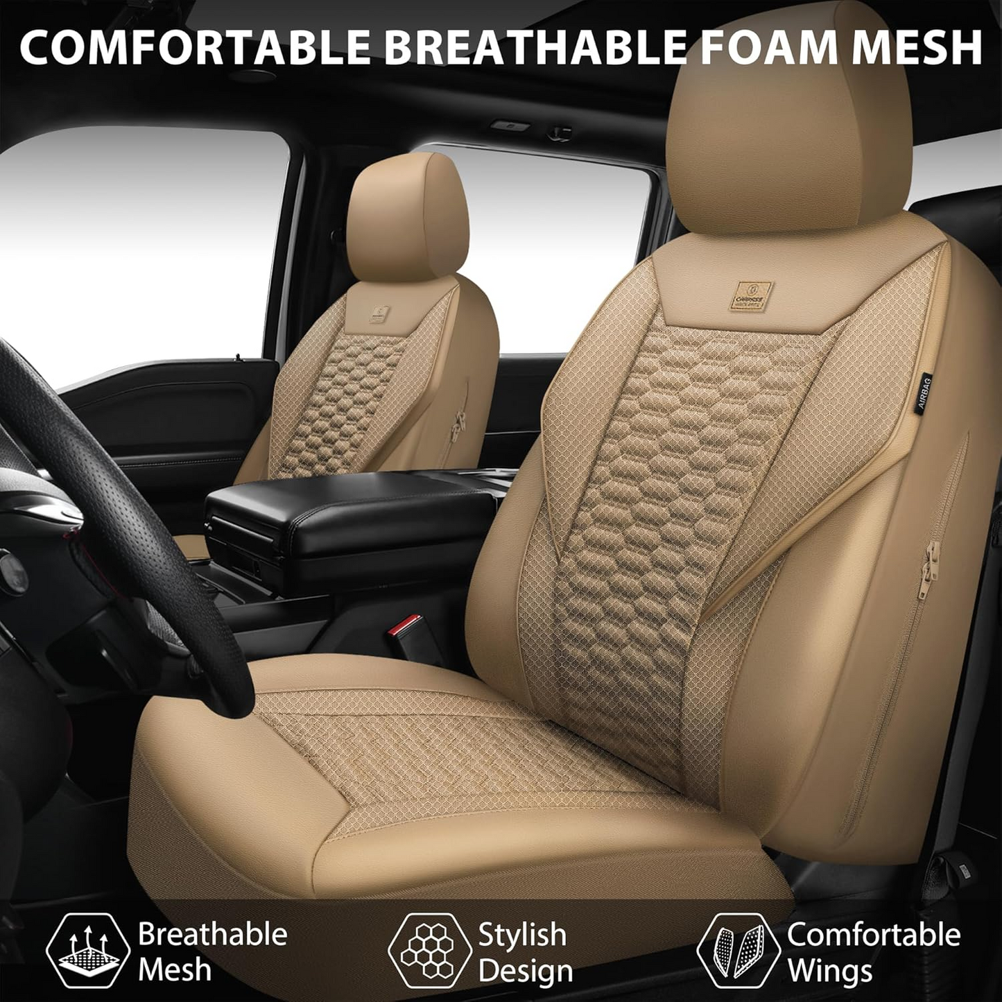 CAR PASS 3D Foam Mesh Leather Car Seat Covers Full Set, Tan Breathable Mesh Faux Leather Seat Covers for Car, Universal Fit for SUV Truck Sedan Automotive, Armrest Airbag Compatible, All Beige