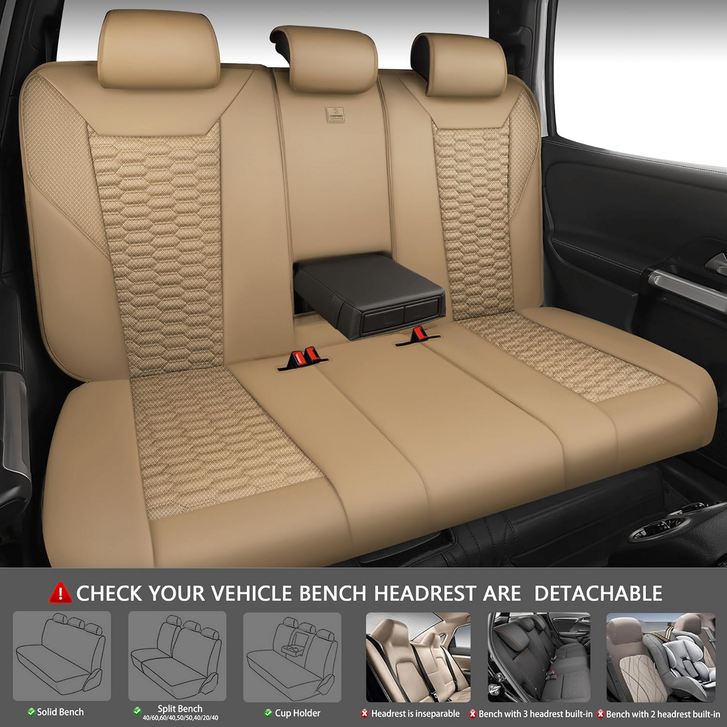 CAR PASS 3D Foam Mesh Leather Car Seat Covers Full Set, Tan Breathable Mesh Faux Leather Seat Covers for Car, Universal Fit for SUV Truck Sedan Automotive, Armrest Airbag Compatible, All Beige