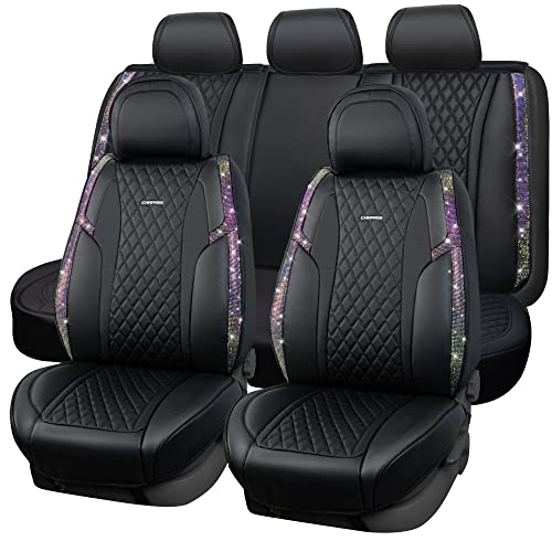 CAR Pass Bling Car Seat Covers, Microfiber Nappa Leather Luxury Cushioned, Waterproof Heavy-Duty Anti-Slip Universal Fit for Auto SUV Sedan,Sparkly Glitter Shining Rhinestone Full Set, Black Diamond