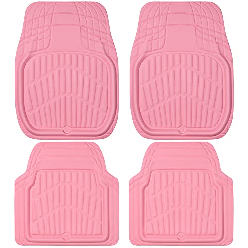 CAR PASS 4 Piece Leather Car Floor Mats -3D Cute Girly Waterproof All Weather Car Mat Full Set, Universal Trim to Fit & Anti-Slip Burr Bottom & Light Easy Clean for SUV Truck Auto Sedan Van(Pink)