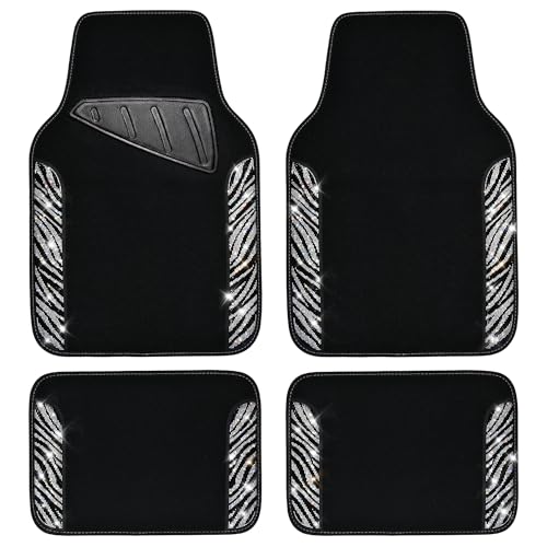 CAR PASS Bling Diamond Car Floor Mats, Shining Rhinestone Carpet Sparkly Glitter Crystal with Anti-Slip PVC Heel Pad Waterproof Universal Fit Automotive SUV,Sedan,Van,Cute Girl Women,4pcs Black Sliver