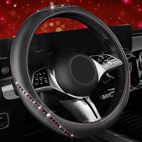 CAR PASS Bling Diamond Black Leather Steering Wheel Cover, Studded Crystal Rhinestones Universal Fit 14" 1/2-15" Glitter for Women Sparkle Girl Fit Suvs,Vans,Sedans,Car,Trucks, Silver Diamond