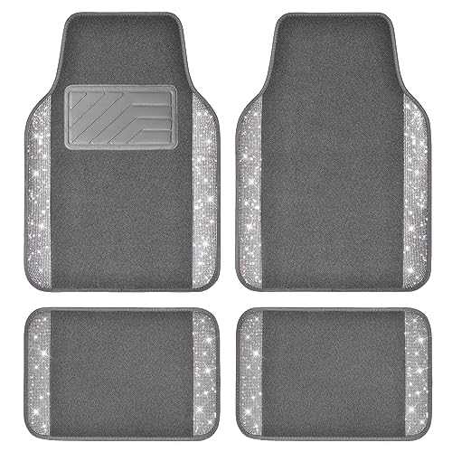 CAR PASS Bling Diamond Car Floor Mats, Shining Rhinestone Carpet Sparkly Glitter Crystal with Anti-Slip PVC Heel Pad Waterproof Universal Fit Automotive SUV,Sedan,Van,Cute Girl Women,4pcs Black Sliver