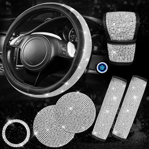 CAR PASS 7 PCS Bling Car Accessories for Women, Sparkly Rhinestone Diamond Steering Wheel Cover, Bling Seat Belt Cushion, Glitter Shift Knob Cover, Car Cup Holder Coaster, Cute Interior Sets Silver
