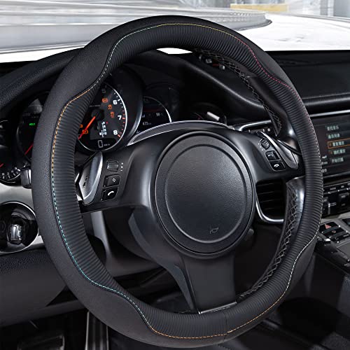 Car Pass Colour Piping Leather Universal Fit Steering Wheel Cover,Perfectly fit for 14.5-15 inches for Various Vehicles SUVs,Vans,Sedans,Cars (Black & Mint)