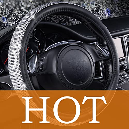 CAR PASS Bling Diamond Leather Steering Wheel Cover, With Sparkly Crystal Glitter Rhinestones Universal Fit 14"1/2-15" Car Wheel Protector for Women Girl Fit Suvs,Vans,Sedans,Car,Trucks, Black Diamond