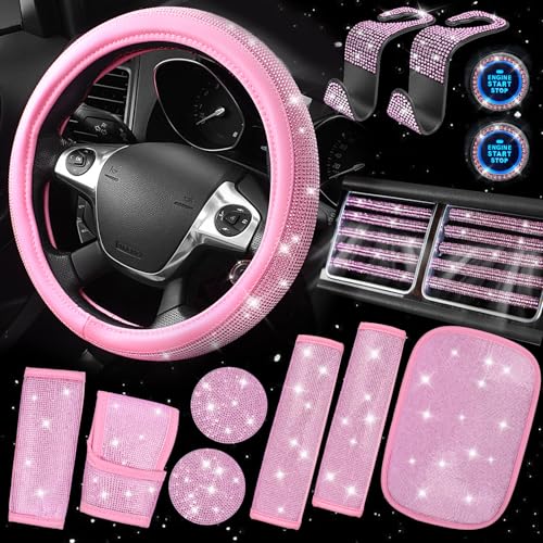 CAR PASS 7 PCS Bling Car Accessories for Women, Sparkly Rhinestone Diamond Steering Wheel Cover, Bling Seat Belt Cushion, Glitter Shift Knob Cover, Car Cup Holder Coaster, Cute Interior Sets Silver