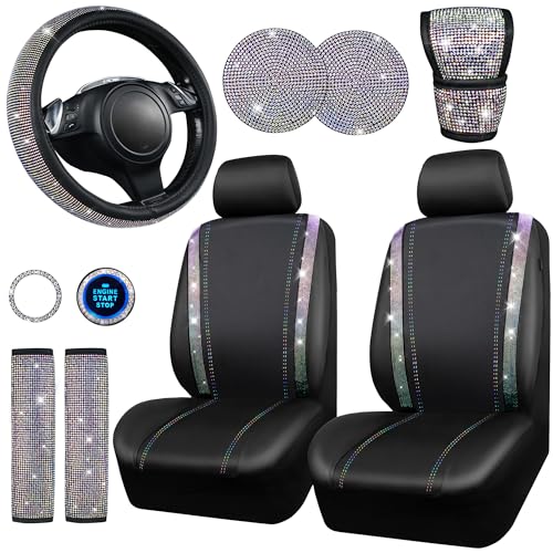 CAR PASS 7 PCS Bling Car Accessories for Women, Sparkly Rhinestone Diamond Steering Wheel Cover, Bling Seat Belt Cushion, Glitter Shift Knob Cover, Car Cup Holder Coaster, Cute Interior Sets Silver