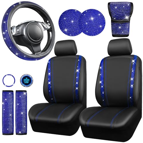 CAR PASS 7 PCS Bling Car Accessories for Women, Sparkly Rhinestone Diamond Steering Wheel Cover, Bling Seat Belt Cushion, Glitter Shift Knob Cover, Car Cup Holder Coaster, Cute Interior Sets Silver