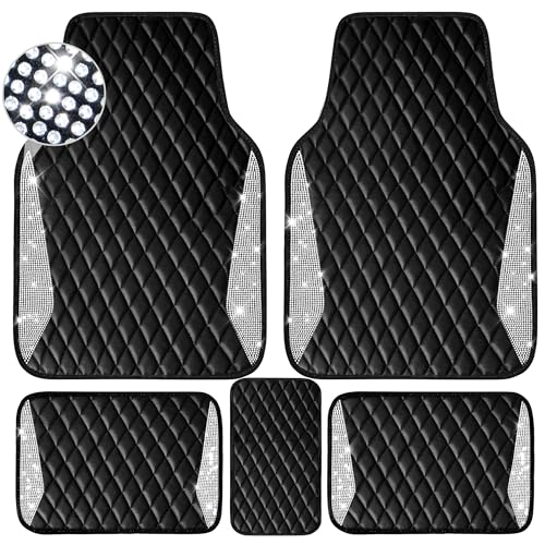 CAR PASS Bling Leather Car Mats Shining Diamond Floor Mats Sparkly Glitter Crystal Rhinestones Carpet Anti-Slip Waterproof Pad Universal Fit for Automotive SUV, Sedan, Van, 5pcs for Girl Women Black