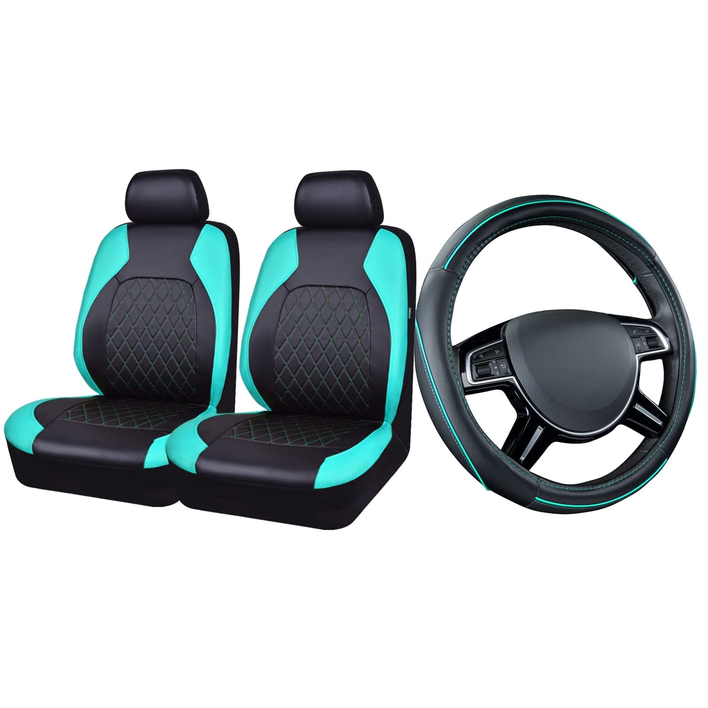 Car Pass Colour Piping Leather Universal Fit Steering Wheel Cover,Perfectly fit for 14.5-15 inches for Various Vehicles SUVs,Vans,Sedans,Cars (Black & Mint)