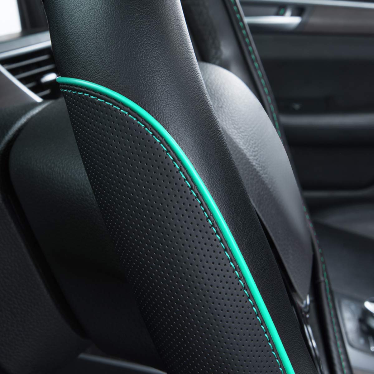 Car Pass Colour Piping Leather Universal Fit Steering Wheel Cover,Perfectly fit for 14.5-15 inches for Various Vehicles SUVs,Vans,Sedans,Cars (Black & Mint)