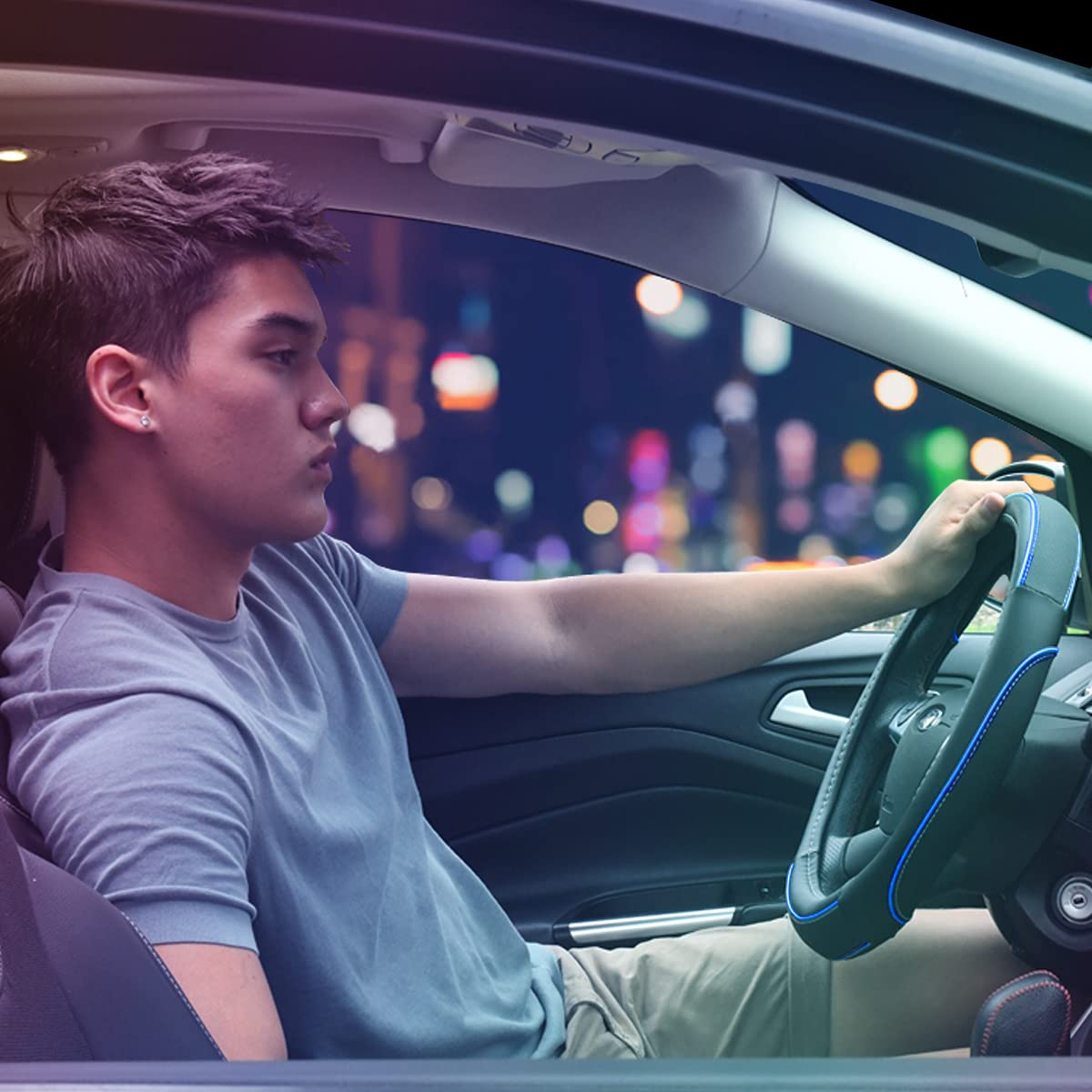 Car Pass Colour Piping Leather Universal Fit Steering Wheel Cover,Perfectly fit for 14.5-15 inches for Various Vehicles SUVs,Vans,Sedans,Cars (Black & Mint)