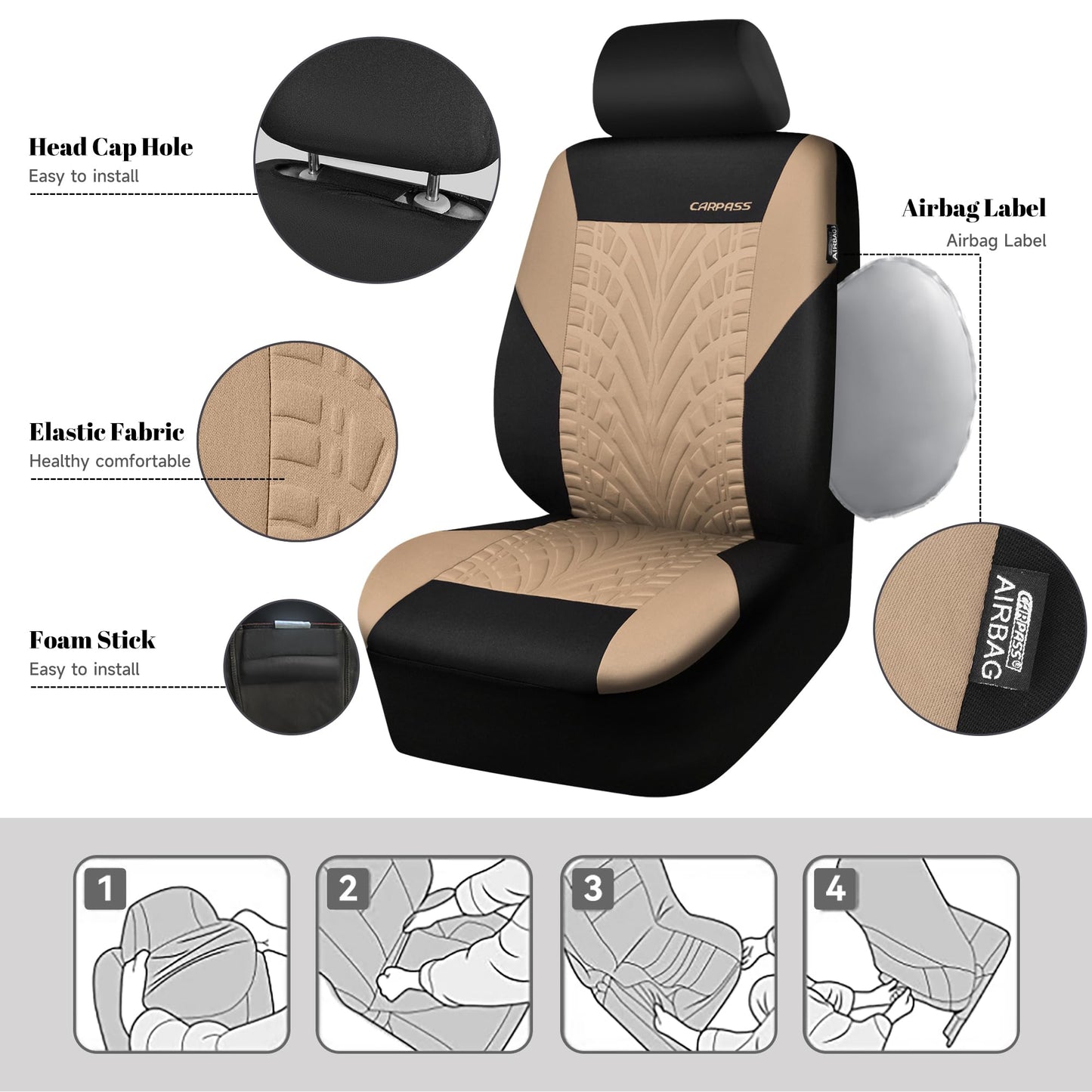 CAR PASS Car Seat Covers Full Sets, Front & Split Rear Bench for Car, 3D Tyre Embossed Automotive Interior Covers, Airbag Compatible, Quick Setup Universal Fit Seat Covers for Car, SUV(All Black)
