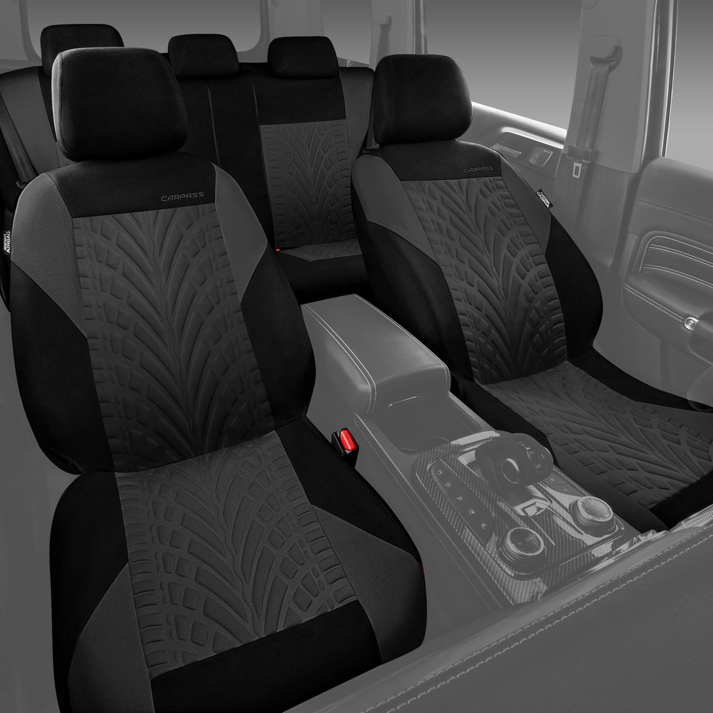 CAR PASS Car Seat Covers Full Sets, Front & Split Rear Bench for Car, 3D Tyre Embossed Automotive Interior Covers, Airbag Compatible, Quick Setup Universal Fit Seat Covers for Car, SUV(All Black)