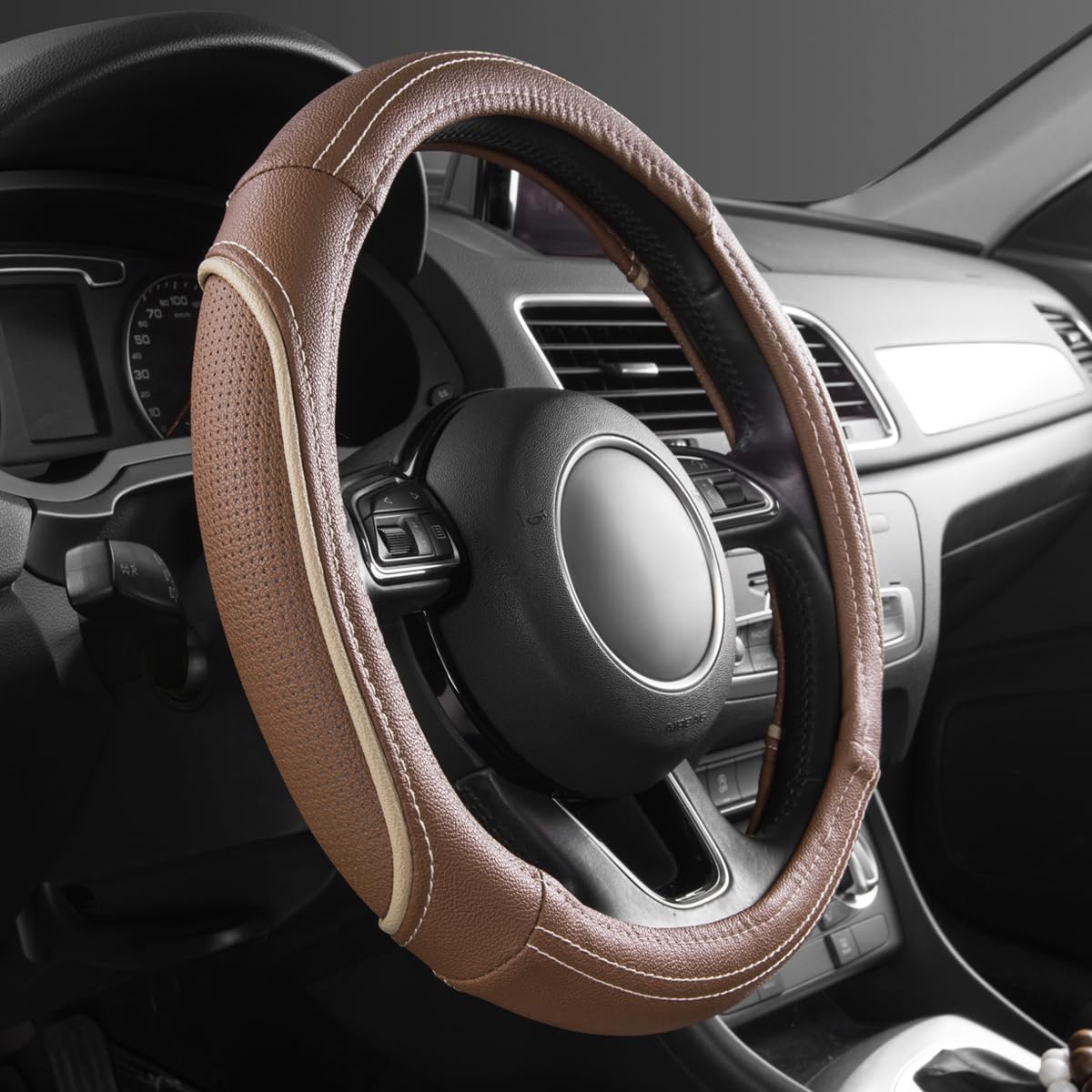 Car Pass Colour Piping Leather Universal Fit Steering Wheel Cover,Perfectly fit for 14.5-15 inches for Various Vehicles SUVs,Vans,Sedans,Cars (Black & Mint)