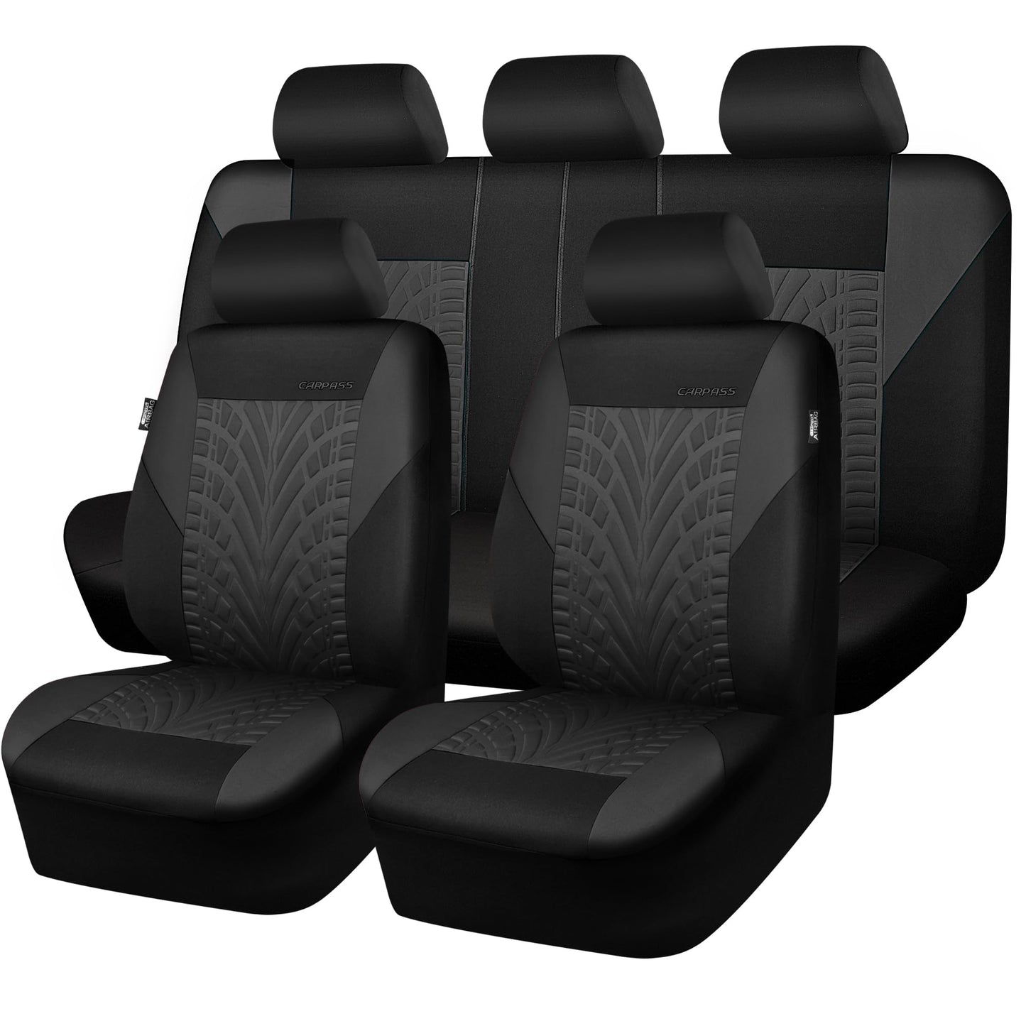 CAR PASS Car Seat Covers Full Sets, Front & Split Rear Bench for Car, 3D Tyre Embossed Automotive Interior Covers, Airbag Compatible, Quick Setup Universal Fit Seat Covers for Car, SUV(All Black)