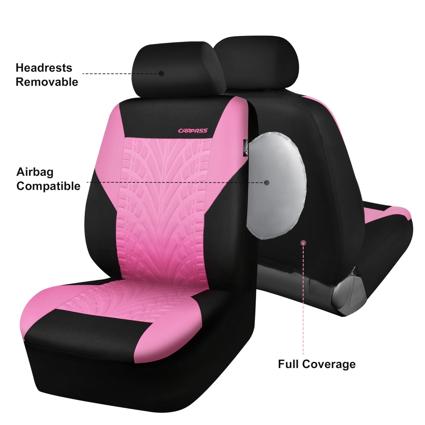 CAR PASS Car Seat Covers Full Sets, Front & Split Rear Bench for Car, 3D Tyre Embossed Automotive Interior Covers, Airbag Compatible, Quick Setup Universal Fit Seat Covers for Car, SUV(All Black)