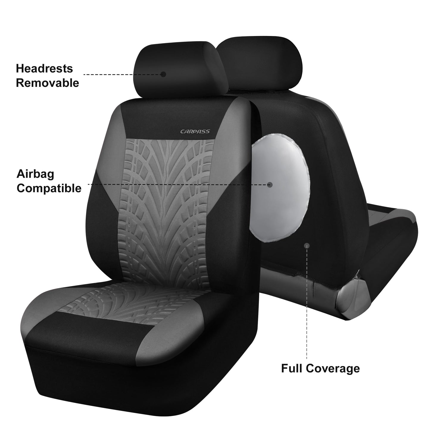 CAR PASS Car Seat Covers Full Sets, Front & Split Rear Bench for Car, 3D Tyre Embossed Automotive Interior Covers, Airbag Compatible, Quick Setup Universal Fit Seat Covers for Car, SUV(All Black)