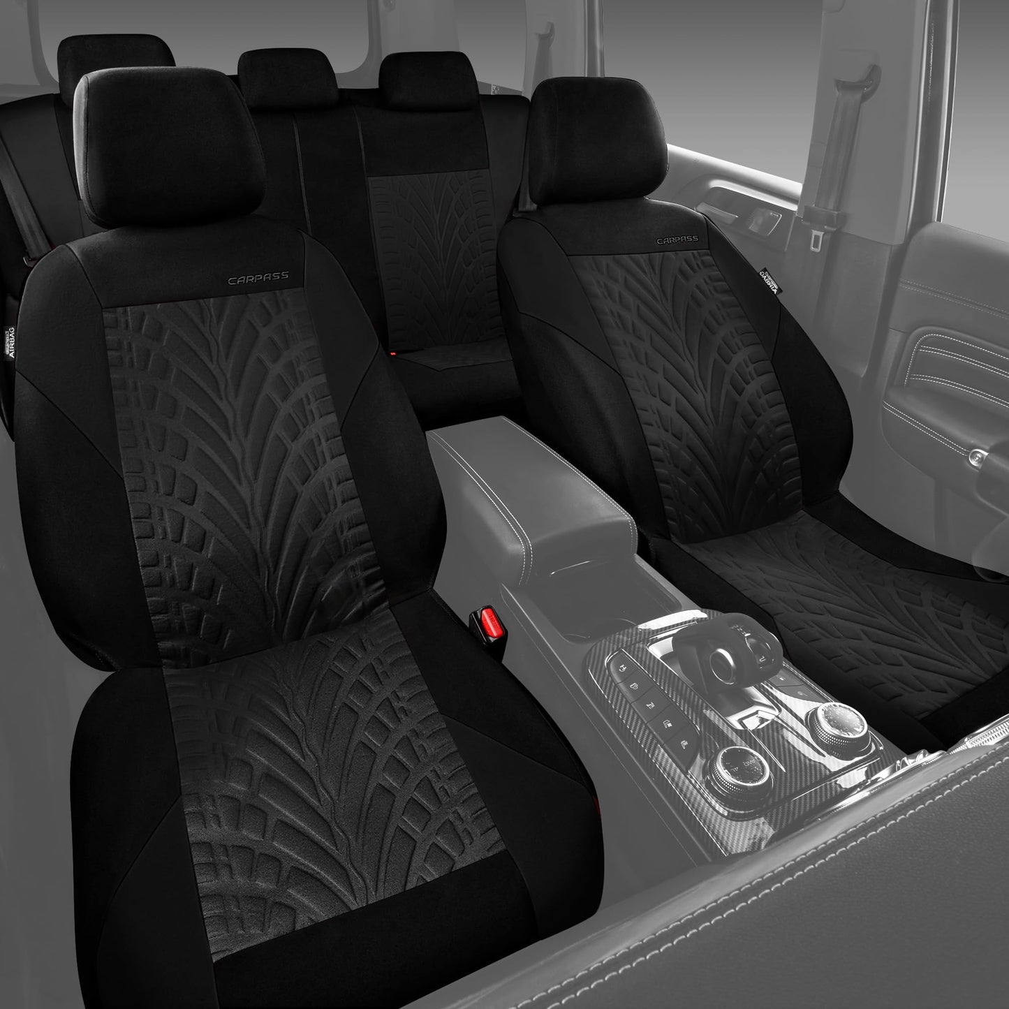 CAR PASS Car Seat Covers Full Sets, Front & Split Rear Bench for Car, 3D Tyre Embossed Automotive Interior Covers, Airbag Compatible, Quick Setup Universal Fit Seat Covers for Car, SUV(All Black)