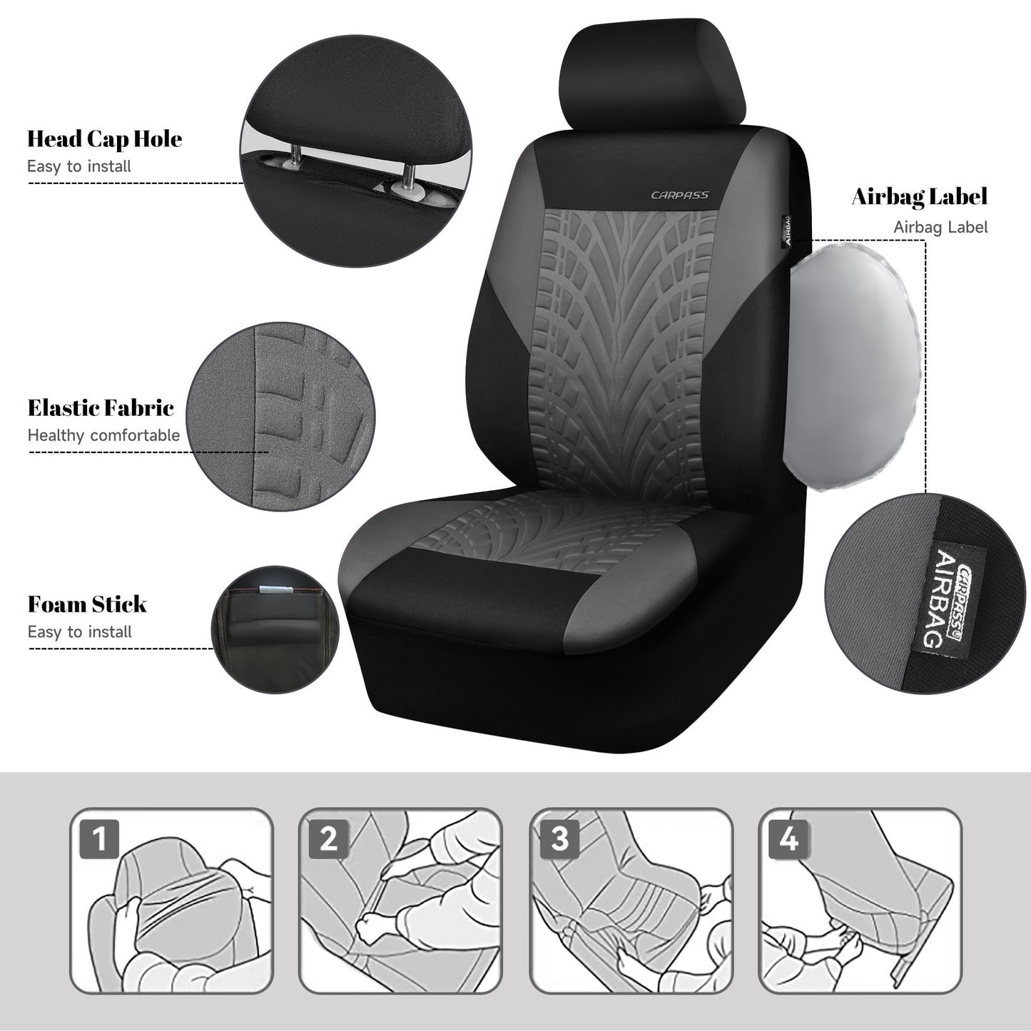 CAR PASS Car Seat Covers Full Sets, Front & Split Rear Bench for Car, 3D Tyre Embossed Automotive Interior Covers, Airbag Compatible, Quick Setup Universal Fit Seat Covers for Car, SUV(All Black)