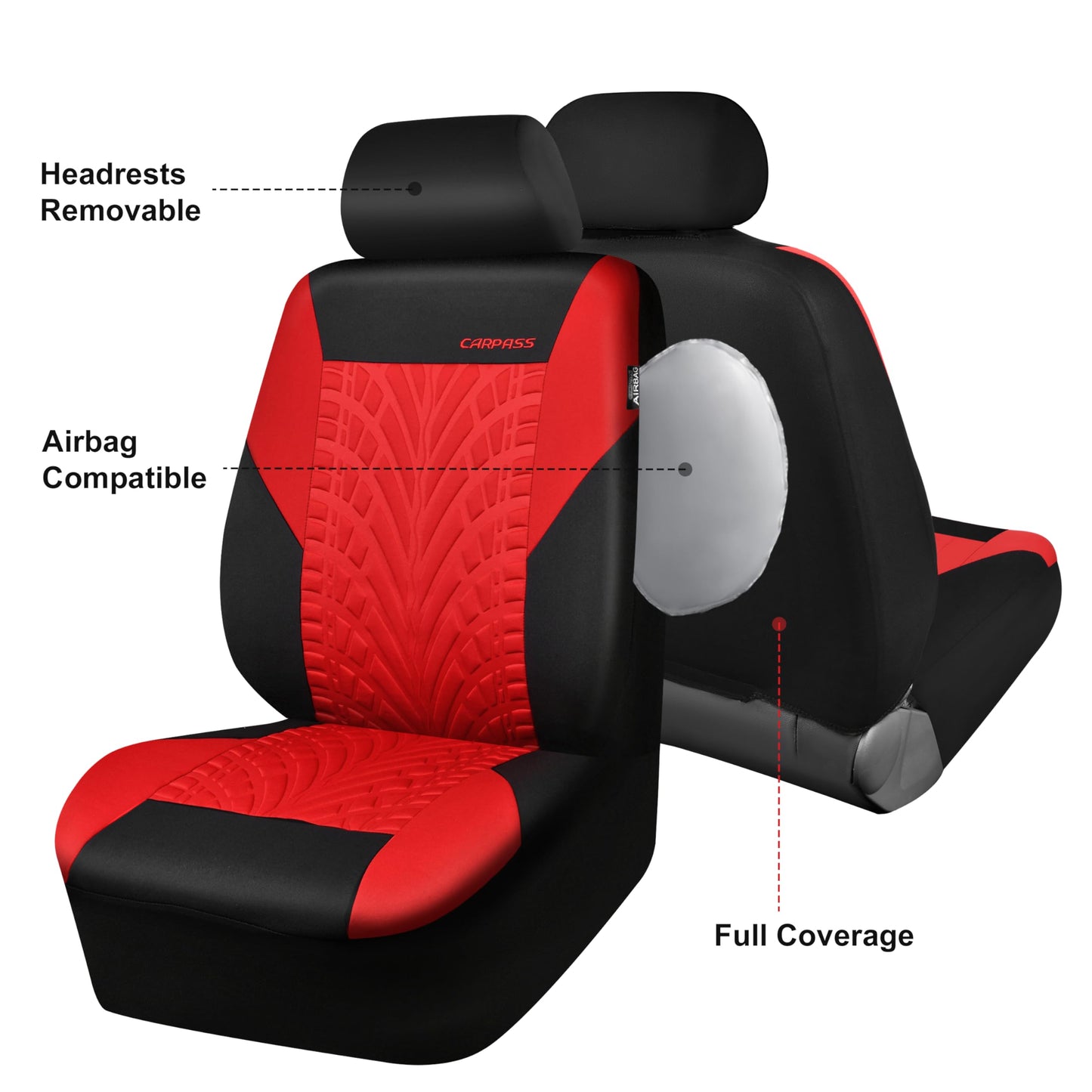CAR PASS Car Seat Covers Full Sets, Front & Split Rear Bench for Car, 3D Tyre Embossed Automotive Interior Covers, Airbag Compatible, Quick Setup Universal Fit Seat Covers for Car, SUV(All Black)