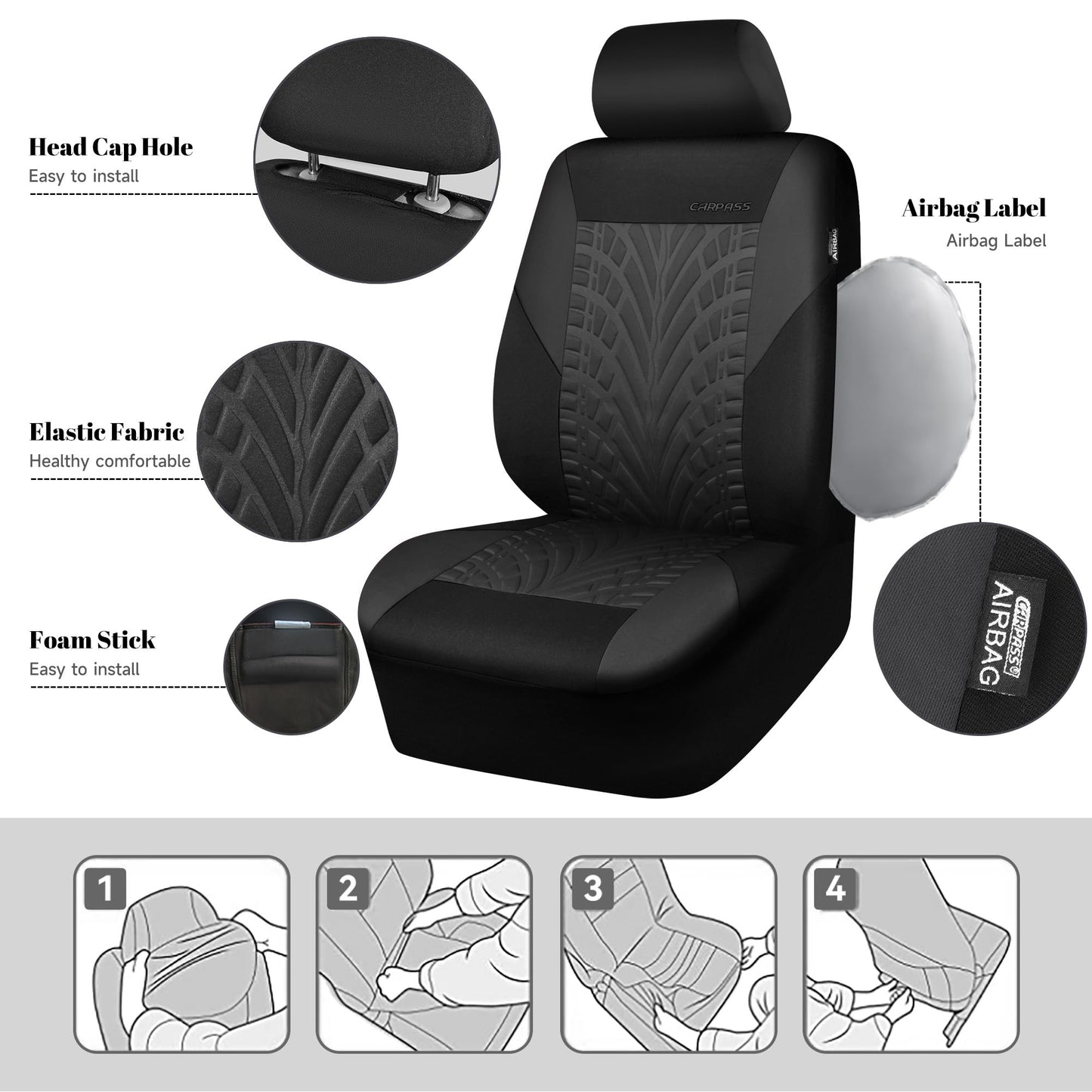 CAR PASS Car Seat Covers Full Sets, Front & Split Rear Bench for Car, 3D Tyre Embossed Automotive Interior Covers, Airbag Compatible, Quick Setup Universal Fit Seat Covers for Car, SUV(All Black)