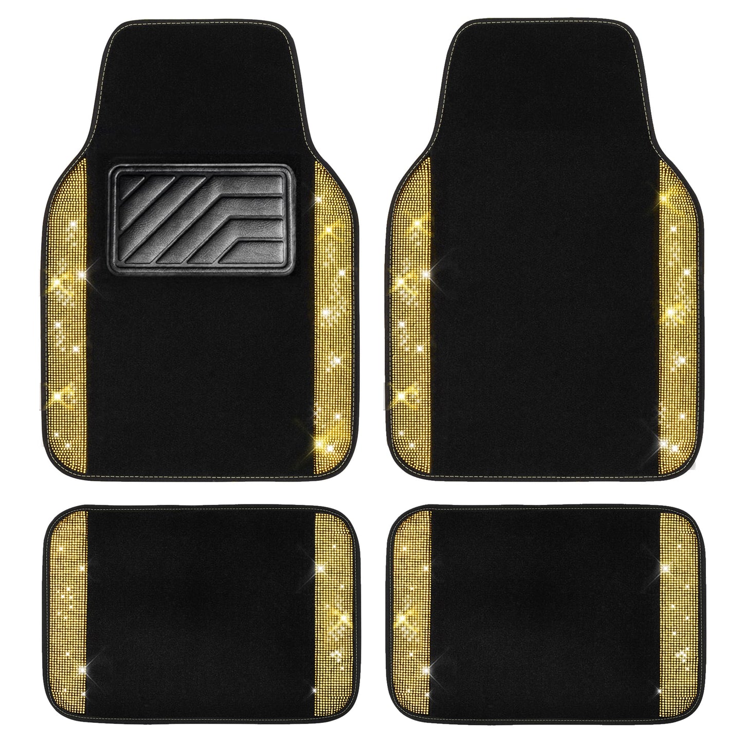 CAR PASS Bling Diamond Car Floor Mats, Shining Rhinestone Carpet Sparkly Glitter Crystal with Anti-Slip PVC Heel Pad Waterproof Universal Fit Automotive SUV,Sedan,Van,Cute Girl Women,4pcs Black Sliver