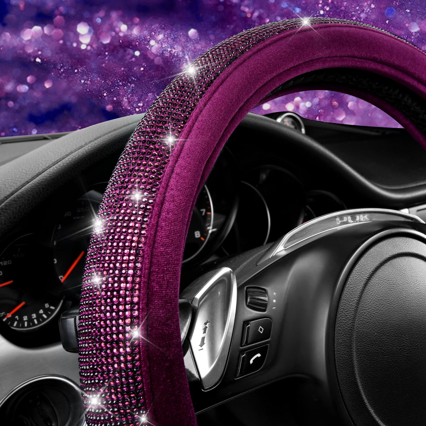 CAR PASS Bling Diamond Leather Steering Wheel Cover, With Sparkly Crystal Glitter Rhinestones Universal Fit 14"1/2-15" Car Wheel Protector for Women Girl Fit Suvs,Vans,Sedans,Car,Trucks, Black Diamond