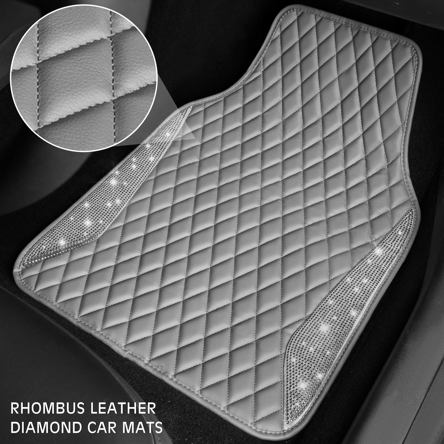 CAR PASS Bling Leather Car Mats Shining Diamond Floor Mats Sparkly Glitter Crystal Rhinestones Carpet Anti-Slip Waterproof Pad Universal Fit for Automotive SUV, Sedan, Van, 5pcs for Girl Women Black