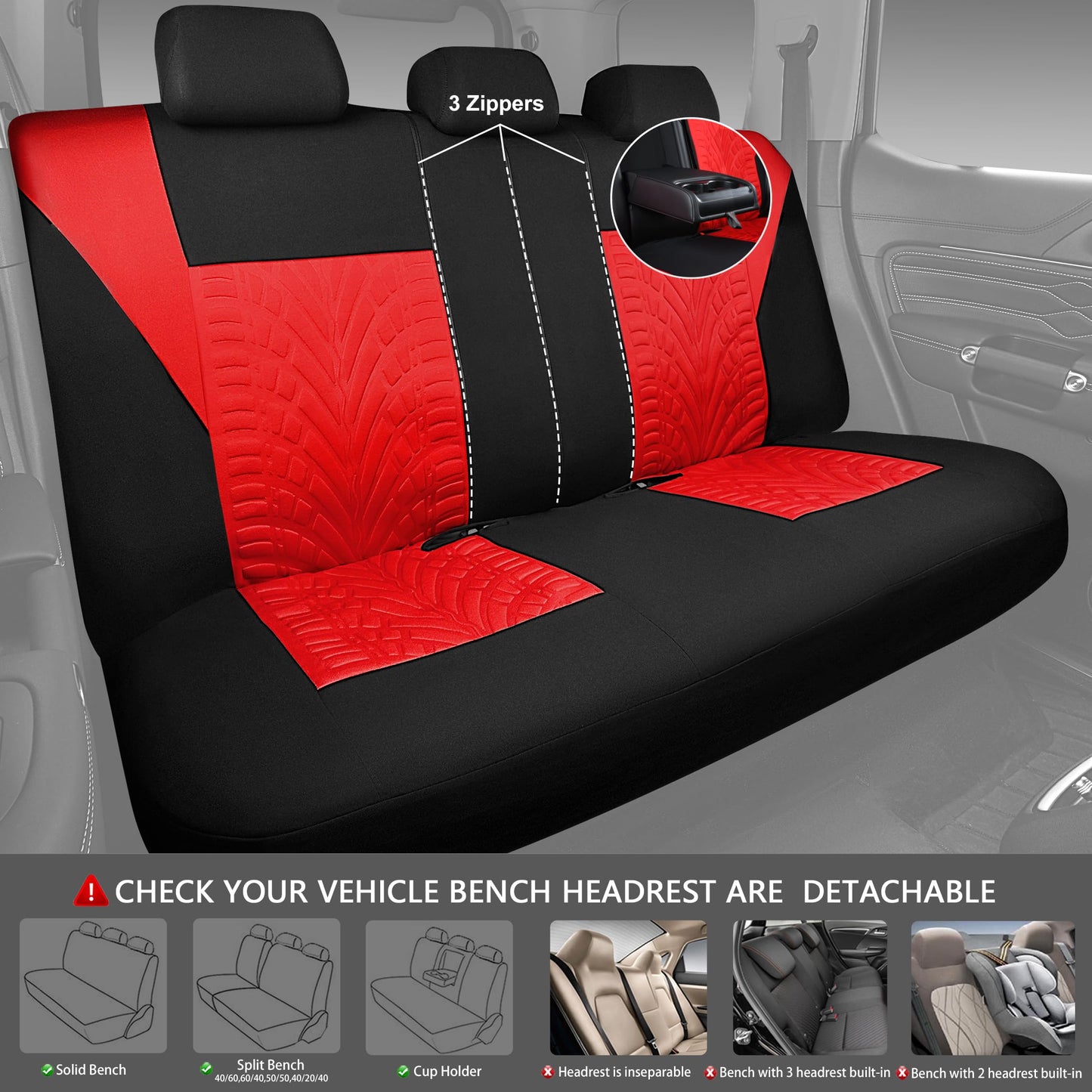 CAR PASS Car Seat Covers Full Sets, Front & Split Rear Bench for Car, 3D Tyre Embossed Automotive Interior Covers, Airbag Compatible, Quick Setup Universal Fit Seat Covers for Car, SUV(All Black)