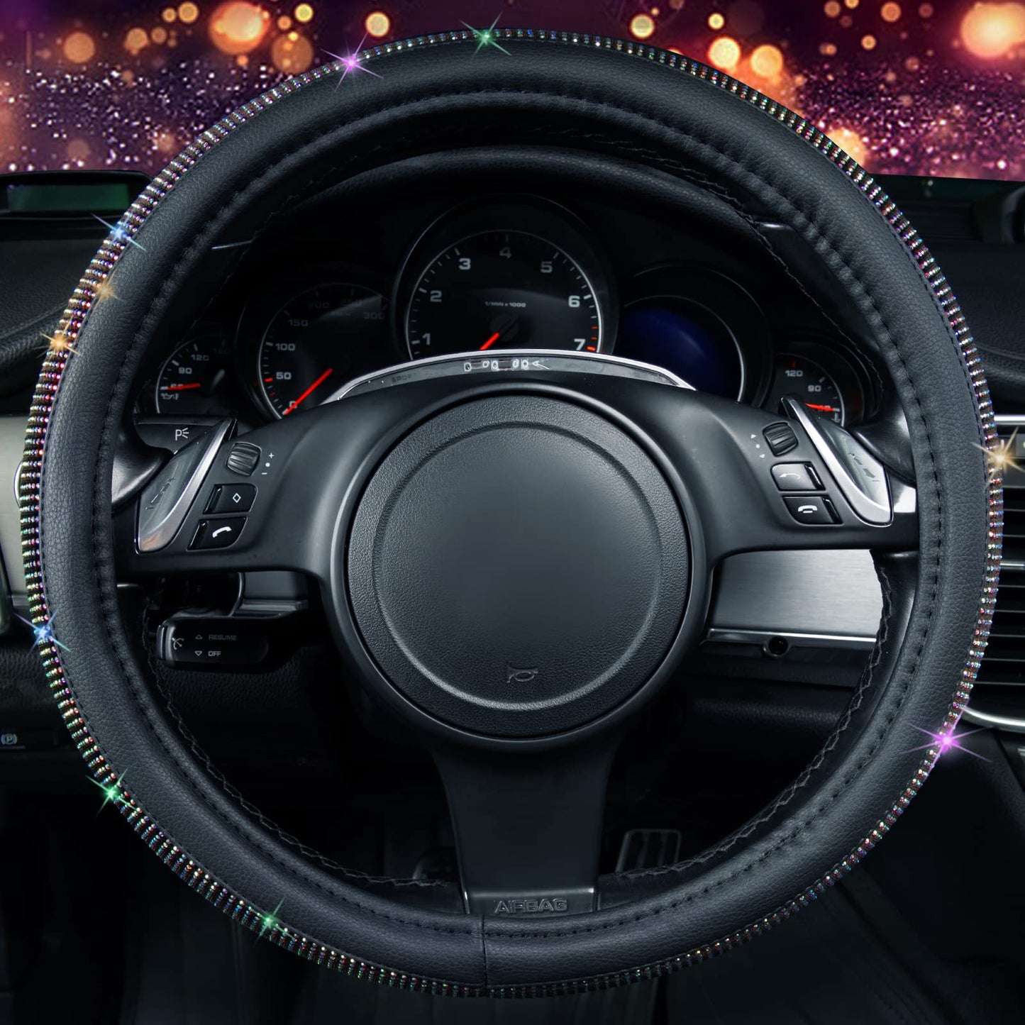 CAR PASS Bling Diamond Leather Steering Wheel Cover, With Sparkly Crystal Glitter Rhinestones Universal Fit 14"1/2-15" Car Wheel Protector for Women Girl Fit Suvs,Vans,Sedans,Car,Trucks, Black Diamond