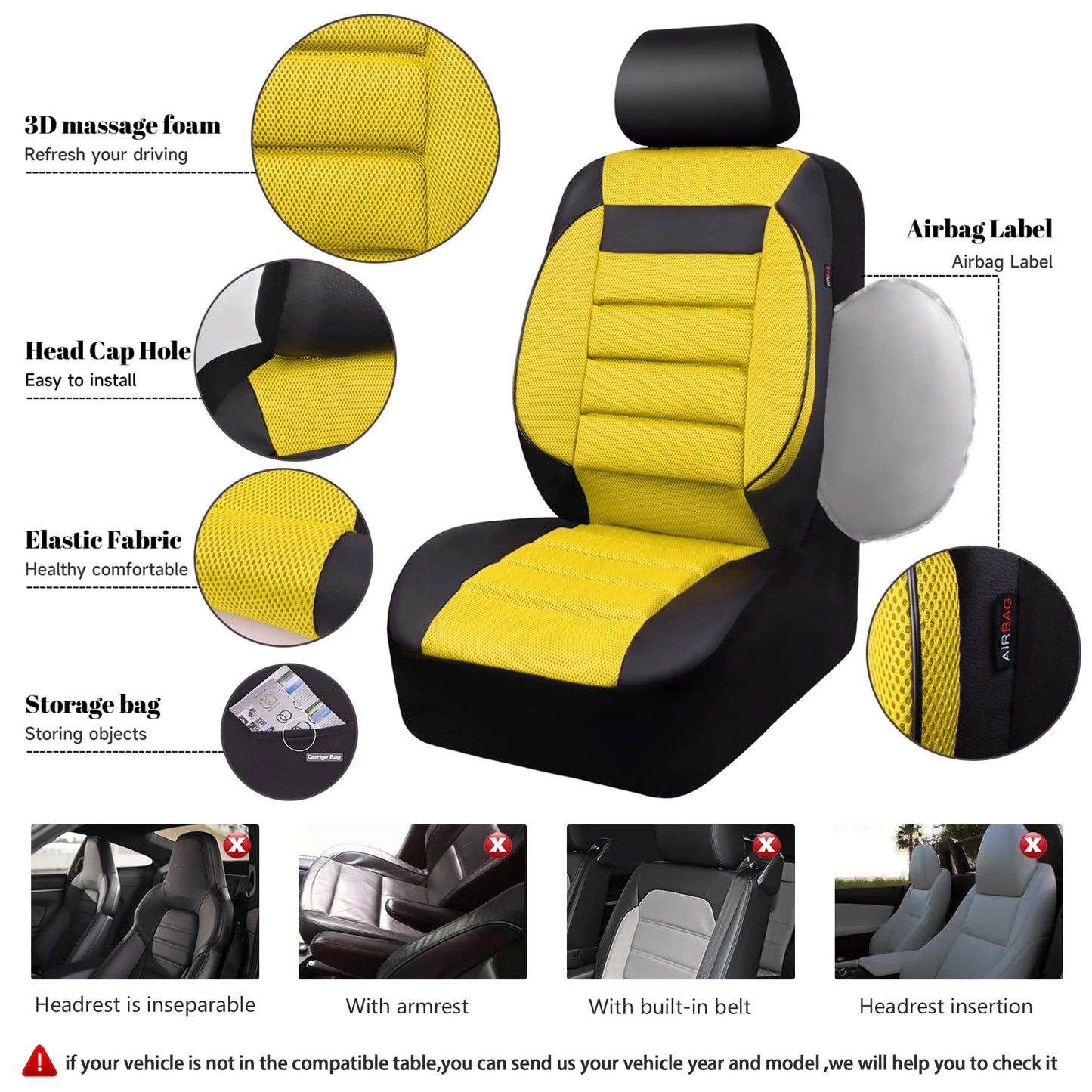 CAR PASS 3D Foam Leather Car Seat Covers Two Front Seats only, Air Cool Mesh Thick Seat Covers, All Weather Car Seat Cover Comfort & Protection for Truck,SUV,Sedan,Van, Airbag Compatible (Black)