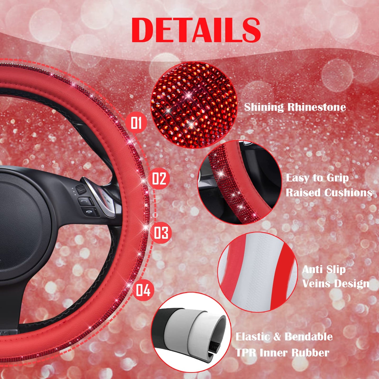 CAR PASS Bling Diamond Leather Steering Wheel Cover, With Sparkly Crystal Glitter Rhinestones Universal Fit 14"1/2-15" Car Wheel Protector for Women Girl Fit Suvs,Vans,Sedans,Car,Trucks, Black Diamond