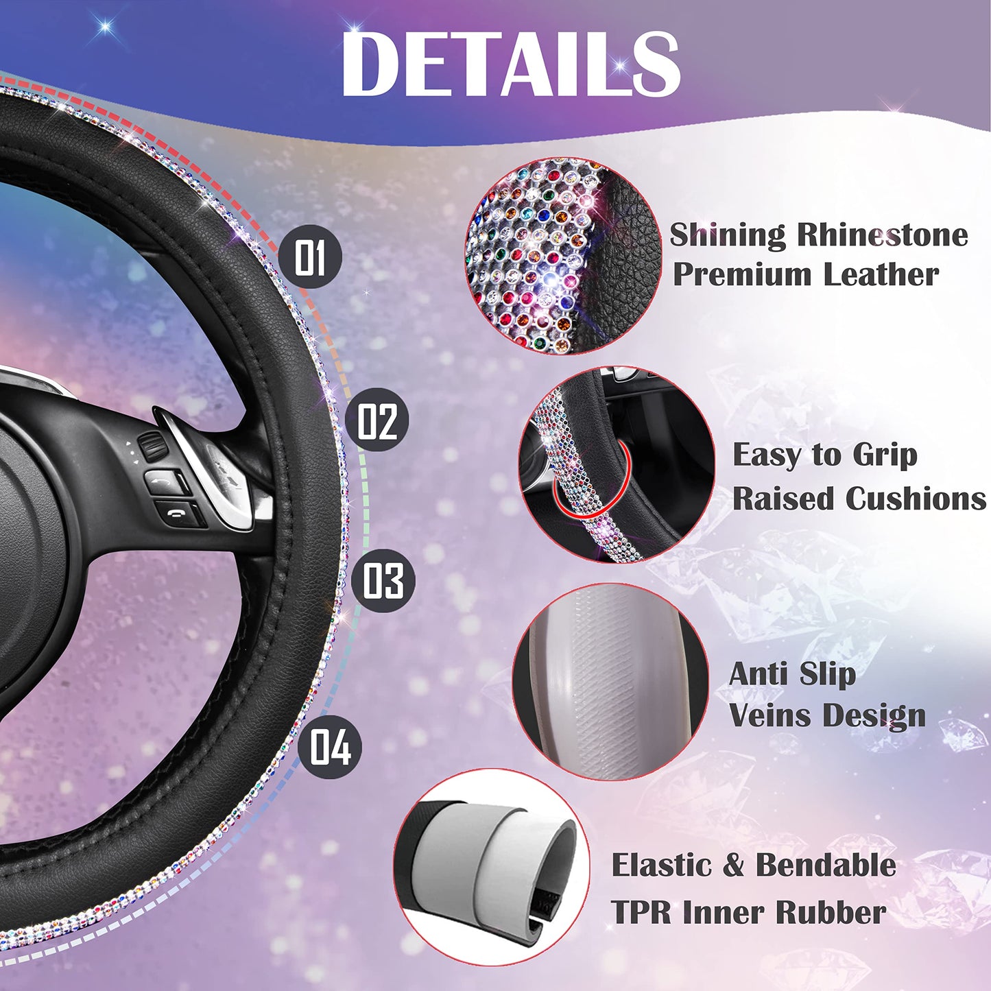 CAR PASS Bling Diamond Leather Steering Wheel Cover, With Sparkly Crystal Glitter Rhinestones Universal Fit 14"1/2-15" Car Wheel Protector for Women Girl Fit Suvs,Vans,Sedans,Car,Trucks, Black Diamond