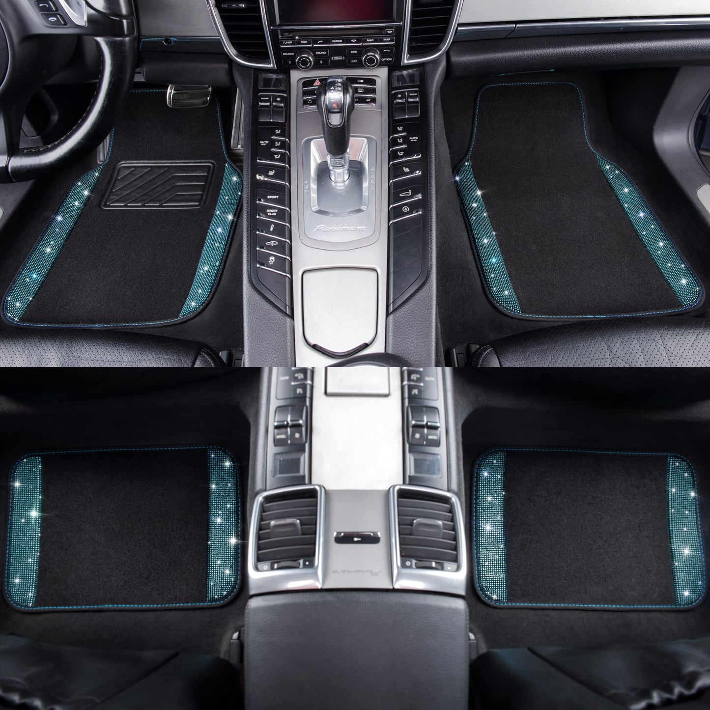 CAR PASS Bling Diamond Car Floor Mats, Shining Rhinestone Carpet Sparkly Glitter Crystal with Anti-Slip PVC Heel Pad Waterproof Universal Fit Automotive SUV,Sedan,Van,Cute Girl Women,4pcs Black Sliver