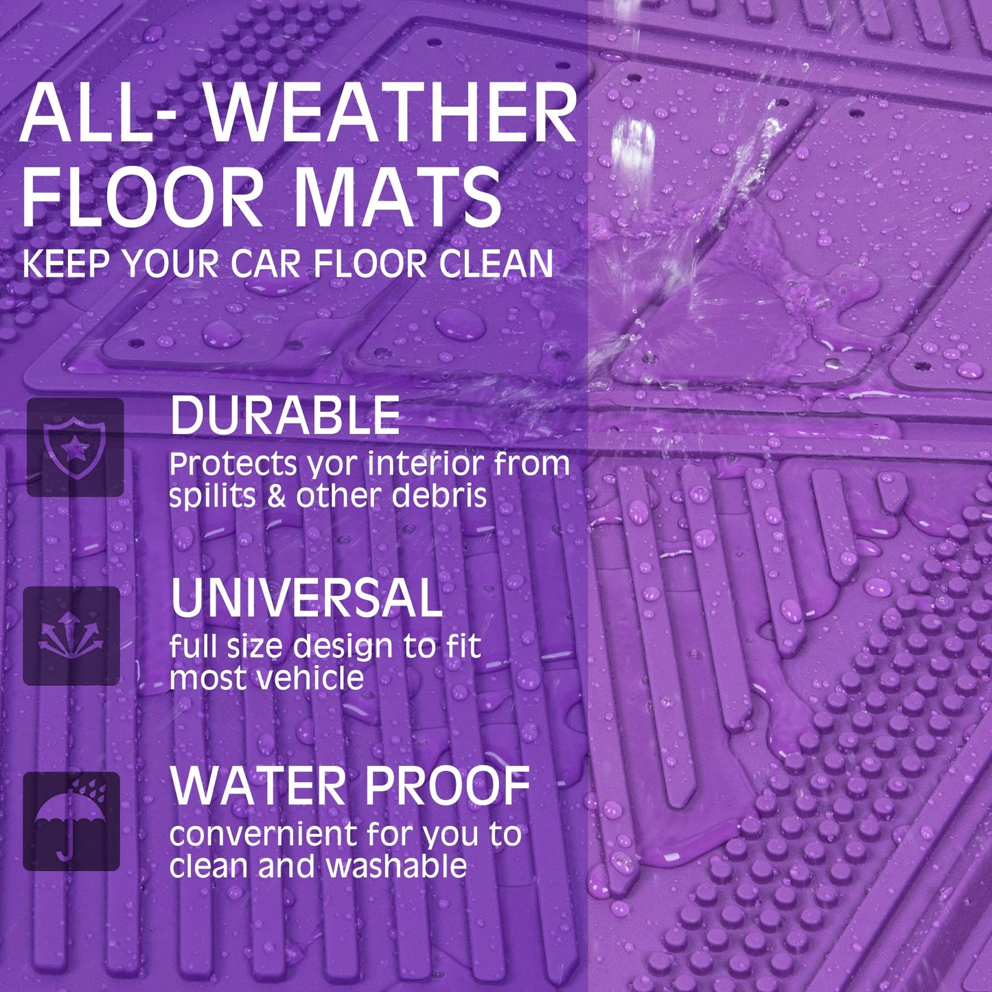 CAR PASS Heavy Duty Rubber Floor Mats Pink 4-Piece Car Mat Set - Universal Waterproof for SUV Truck, Durable All-Weather Mats,Car Women,Girly(All Pink)