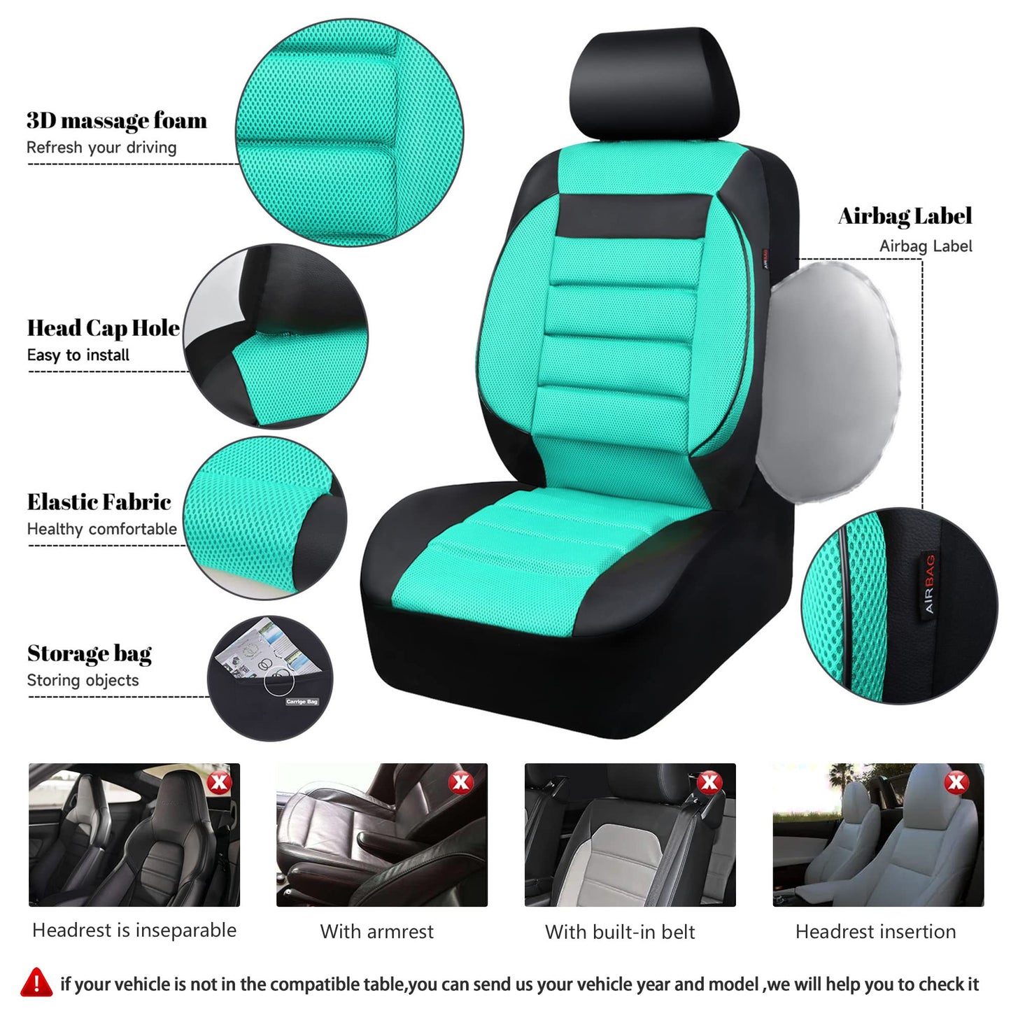 CAR PASS 3D Foam Leather Car Seat Covers Two Front Seats only, Air Cool Mesh Thick Seat Covers, All Weather Car Seat Cover Comfort & Protection for Truck,SUV,Sedan,Van, Airbag Compatible (Black)