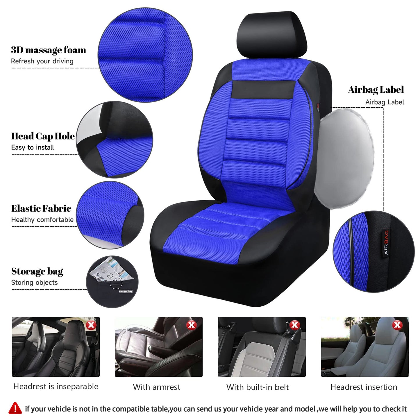CAR PASS 3D Foam Leather Car Seat Covers Two Front Seats only, Air Cool Mesh Thick Seat Covers, All Weather Car Seat Cover Comfort & Protection for Truck,SUV,Sedan,Van, Airbag Compatible (Black)