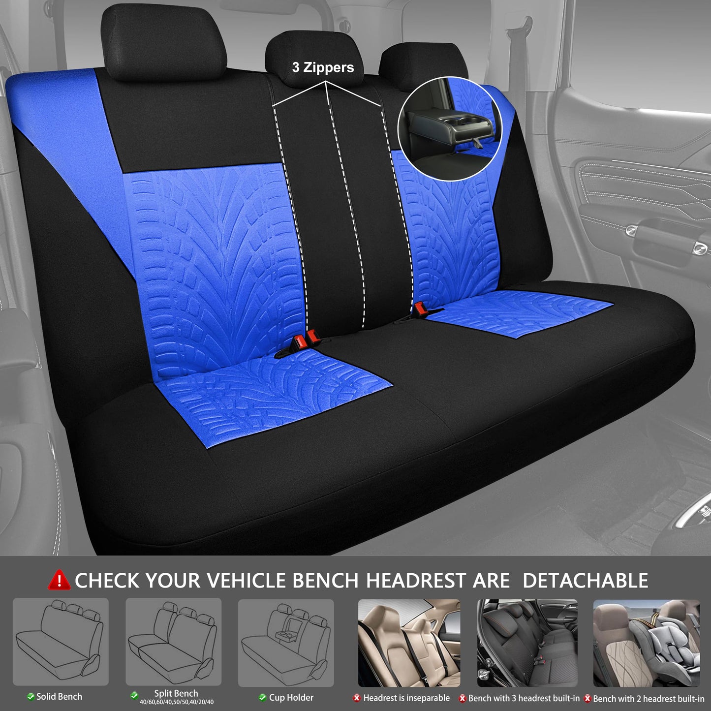 CAR PASS Car Seat Covers Full Sets, Front & Split Rear Bench for Car, 3D Tyre Embossed Automotive Interior Covers, Airbag Compatible, Quick Setup Universal Fit Seat Covers for Car, SUV(All Black)