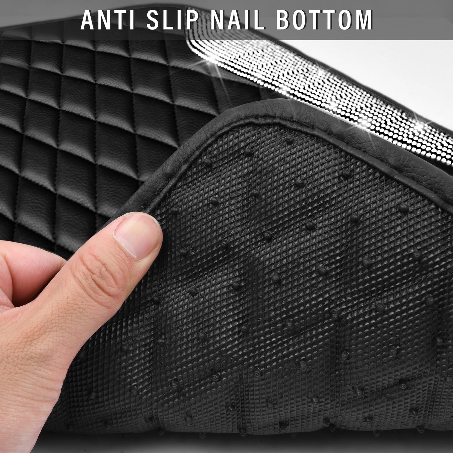 CAR PASS Bling Leather Car Mats Shining Diamond Floor Mats Sparkly Glitter Crystal Rhinestones Carpet Anti-Slip Waterproof Pad Universal Fit for Automotive SUV, Sedan, Van, 5pcs for Girl Women Black