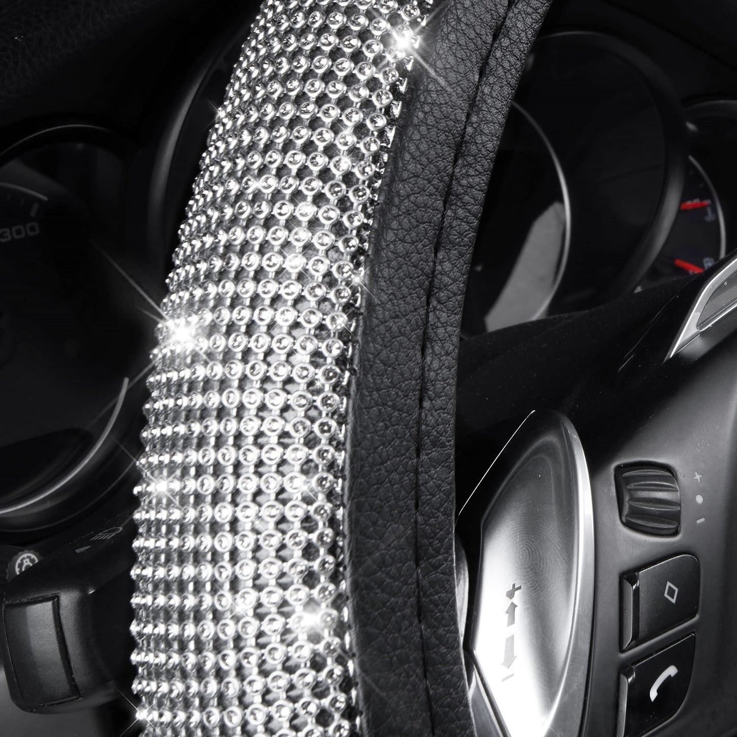 CAR PASS Bling Diamond Leather Steering Wheel Cover, With Sparkly Crystal Glitter Rhinestones Universal Fit 14"1/2-15" Car Wheel Protector for Women Girl Fit Suvs,Vans,Sedans,Car,Trucks, Black Diamond