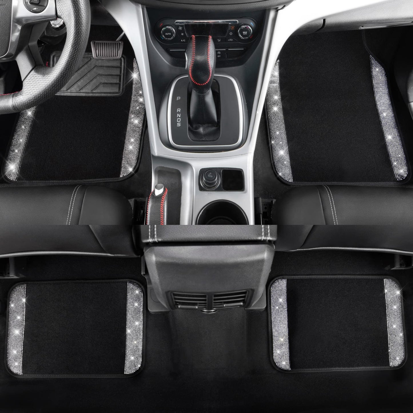 CAR PASS Bling Diamond Car Floor Mats, Shining Rhinestone Carpet Sparkly Glitter Crystal with Anti-Slip PVC Heel Pad Waterproof Universal Fit Automotive SUV,Sedan,Van,Cute Girl Women,4pcs Black Sliver