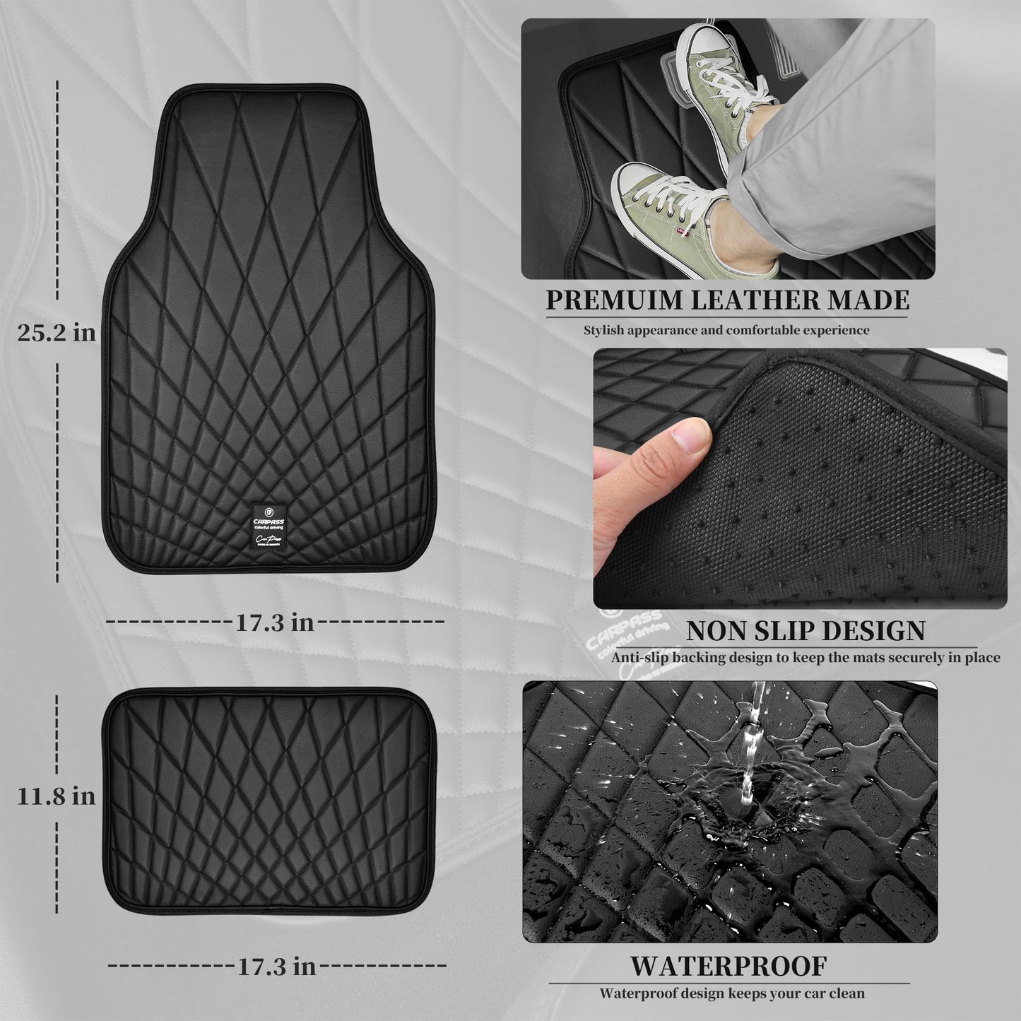 CAR PASS Bling Leather Car Mats Shining Diamond Floor Mats Sparkly Glitter Crystal Rhinestones Carpet Anti-Slip Waterproof Pad Universal Fit for Automotive SUV, Sedan, Van, 5pcs for Girl Women Black