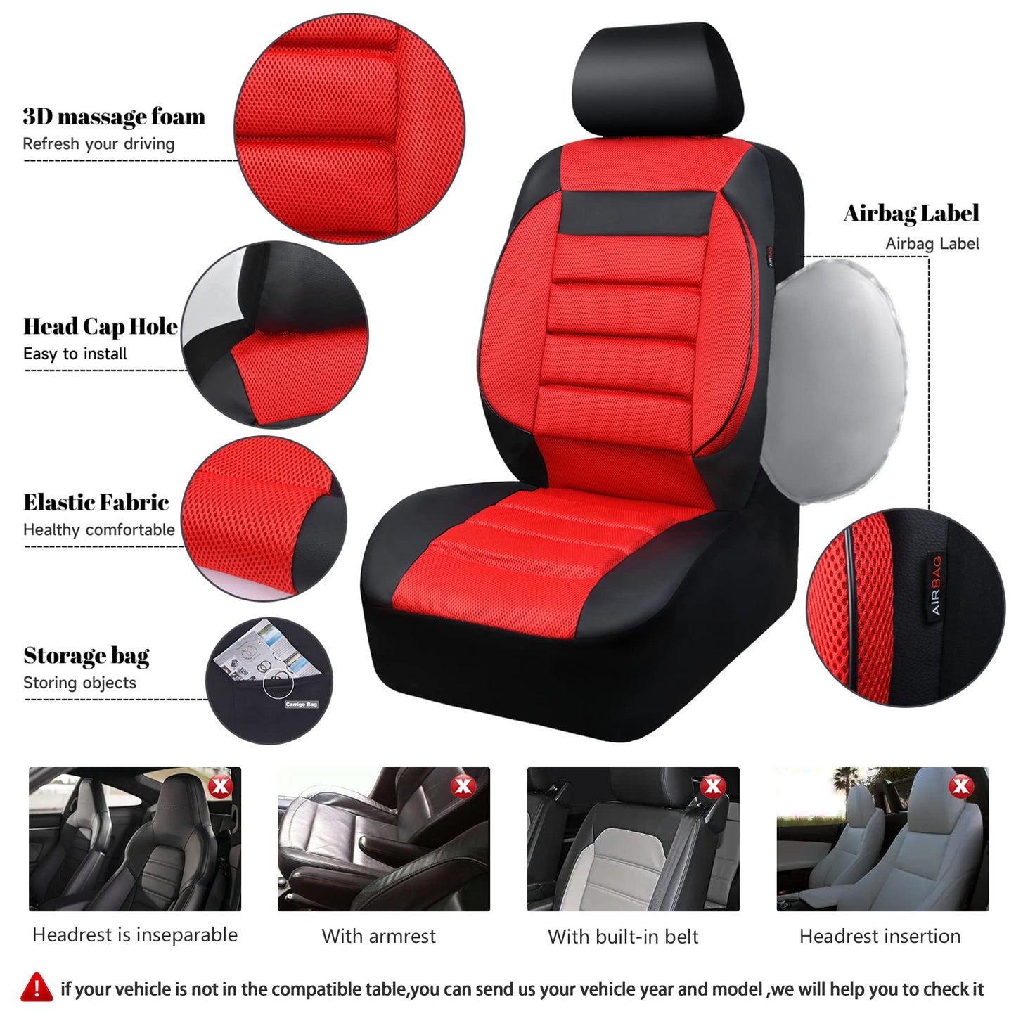 CAR PASS 3D Foam Leather Car Seat Covers Two Front Seats only, Air Cool Mesh Thick Seat Covers, All Weather Car Seat Cover Comfort & Protection for Truck,SUV,Sedan,Van, Airbag Compatible (Black)