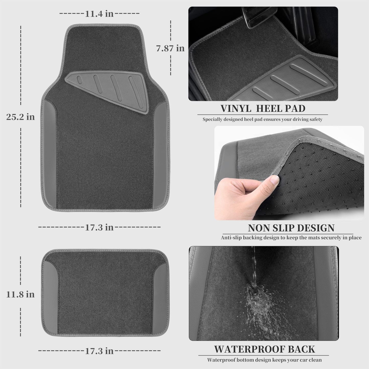 CAR PASS Waterproof Universal Fit Car Floor Mats, Faux Leather Car Carpet Mats, Black Car Mats with Anti-Slip Nibbs Backing & Driver Heel Pad Fit for SUV,Vans,sedans, Trucks,Set of 4pcs(All Black)