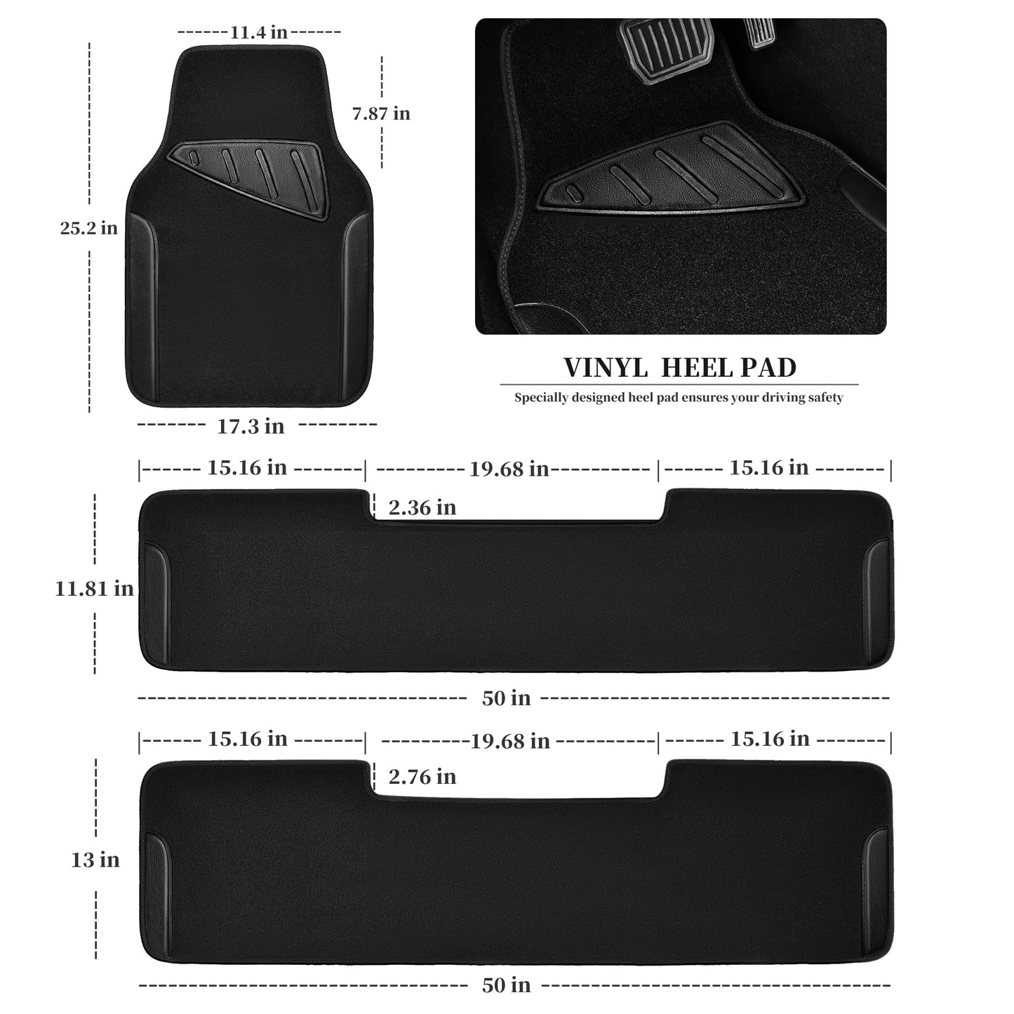 CAR PASS Waterproof Universal Fit Car Floor Mats, Faux Leather Car Carpet Mats, Black Car Mats with Anti-Slip Nibbs Backing & Driver Heel Pad Fit for SUV,Vans,sedans, Trucks,Set of 4pcs(All Black)