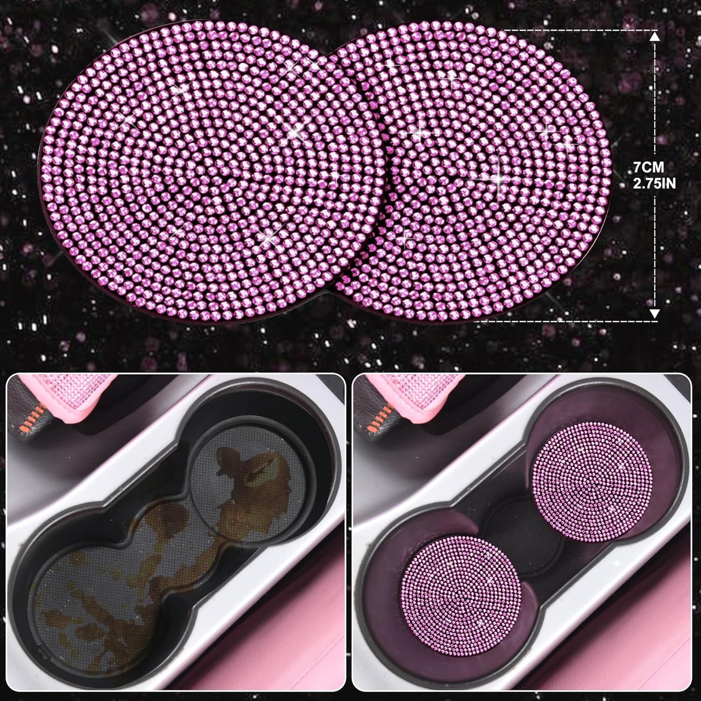 CAR PASS 7 PCS Bling Car Accessories for Women, Sparkly Rhinestone Diamond Steering Wheel Cover, Bling Seat Belt Cushion, Glitter Shift Knob Cover, Car Cup Holder Coaster, Cute Interior Sets Silver