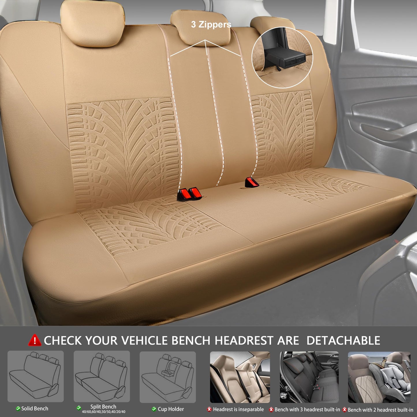 CAR PASS Car Seat Covers Full Sets, Front & Split Rear Bench for Car, 3D Tyre Embossed Automotive Interior Covers, Airbag Compatible, Quick Setup Universal Fit Seat Covers for Car, SUV(All Black)